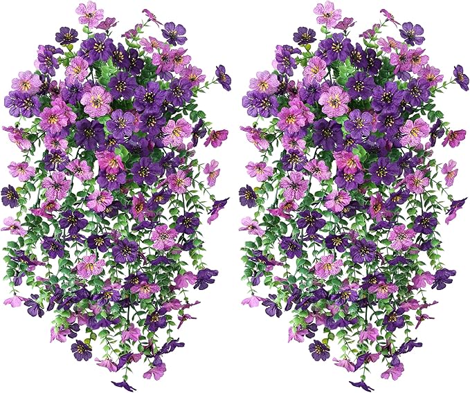 Artificial Faux Hanging Flowers Plants for Spring Outdoor Outside Decoration, 2 PCS Fake Silk Daisy with Eucalyptus UV Resistant Realistic Trailing Vines for Balcony Patio Porch (Darkpurple+Purple)