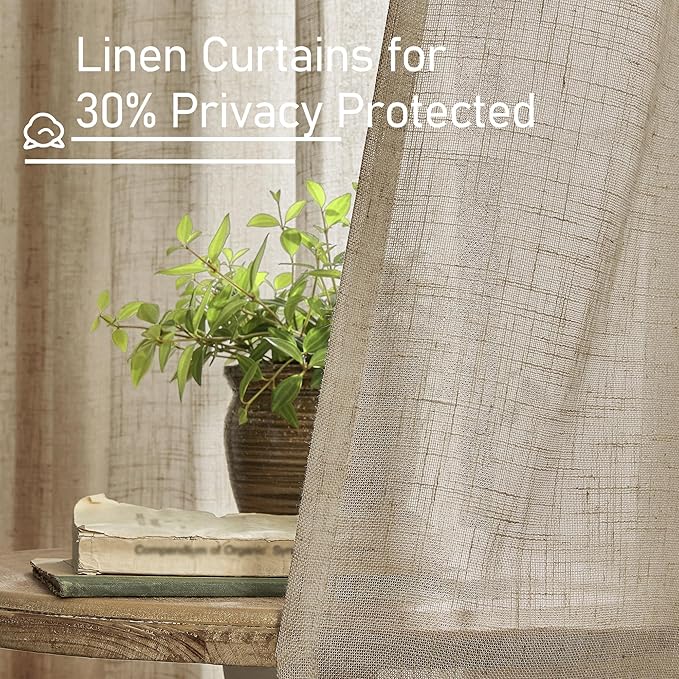 LAMIT Taupe Linen Sheer Curtains 54 Inches Long, Light Filtering Panels Bronze Grommet Country Decor Drapes for Bathroom/Window/Bedroom, 2 Panels Set, 52 x 54 Inch