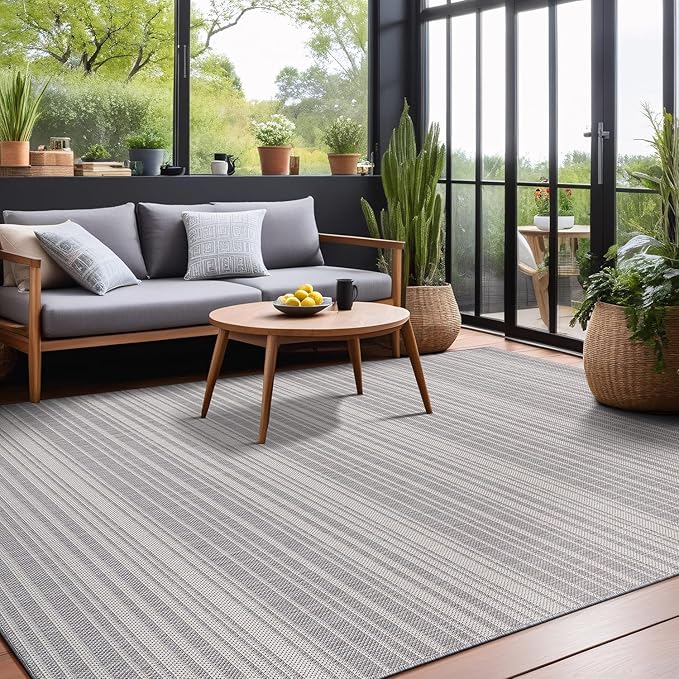 Stripe Outdoor Rug 9x12 Washable Outside Carpet for Indoor Patio Porch Waterproof Easy Cleaning Non Shedding Area Rugs Gray 9 x 12