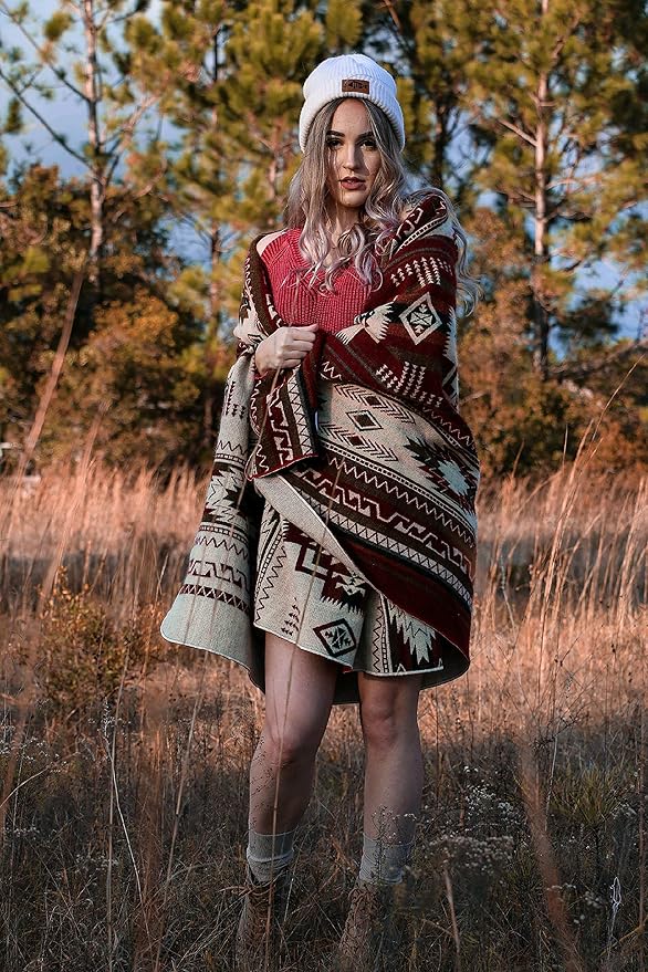 Inca Aztec Throw, Queen, King Blanket | Southwest Indian Navajo Boho Style | Native Cover for Camping, Bedding, Couch, Vanlife | Faux Alpaca, Lightweight, Hypoallergenic (Vinincunca Maroon, Throw)