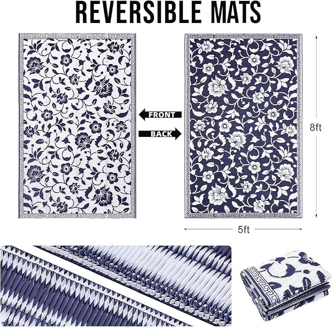 OLANLY Waterproof Outdoor Rug 5x8 ft, Outdoor Plastic Straw Rug with Flower Pattern, Reversible RV Mat for Patio, Camping, Balcony, Deck, Backyard, Navy & White
