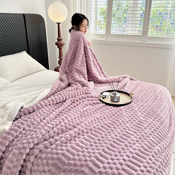 UKELER Sherpa Throw Blankets 60 × 80 inch, 470 GSM Striped Sherpa Fleece Blanket for All Season, Warm and Cozy Blanket for Couch Sofa Bed Office Camping, Purple