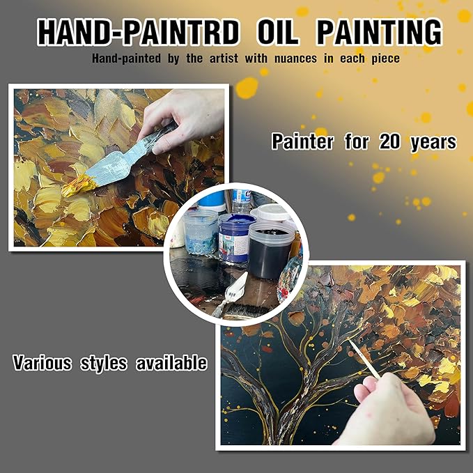 Tree Painting Wall Art for Office - Hand Painted Gold and Black Canvas Wall Art for Living Room - Black Framed Wall Art for Bedroom Size 29" x 59"