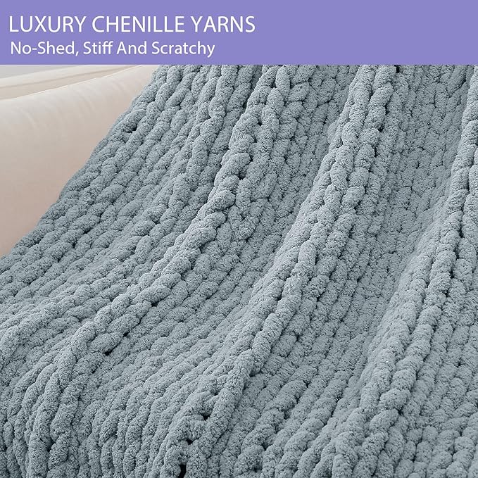 Bigacogo Chunky Knit Throw Blanket for Couch, 40x80 inches, 100% Hand Knitted with Thick Jumbo Chenille Yarn, Cozy Soft Large Rope Knot Cable Crochet Blankets for Sofa Bed Living Room, Dusty Blue