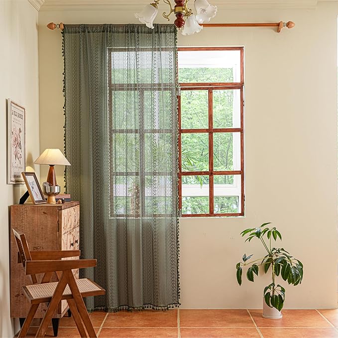 Sutuo Home Olive Green Boho Curtains 102 inches Long, Crochet Lace Sheer Bohemian Hollow Knitted Cute Tassels, Vintage Farmhouse for Bedroom Living Room Xmas Christmas Decor, 1 Panel 59" W x 102" L