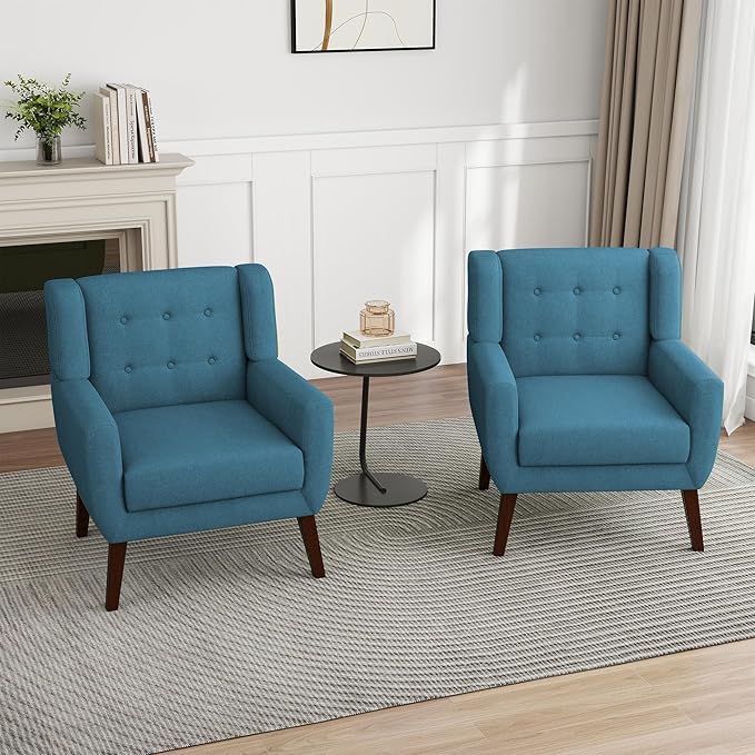 UIXE Accent Chair, Modern Upholstered Armchair in Fabric for Living Room, Comfy Club Arm Chairs Single Sofa Button Tufted Bedroom Reading Seat - Turquoise Blue, Set of 2