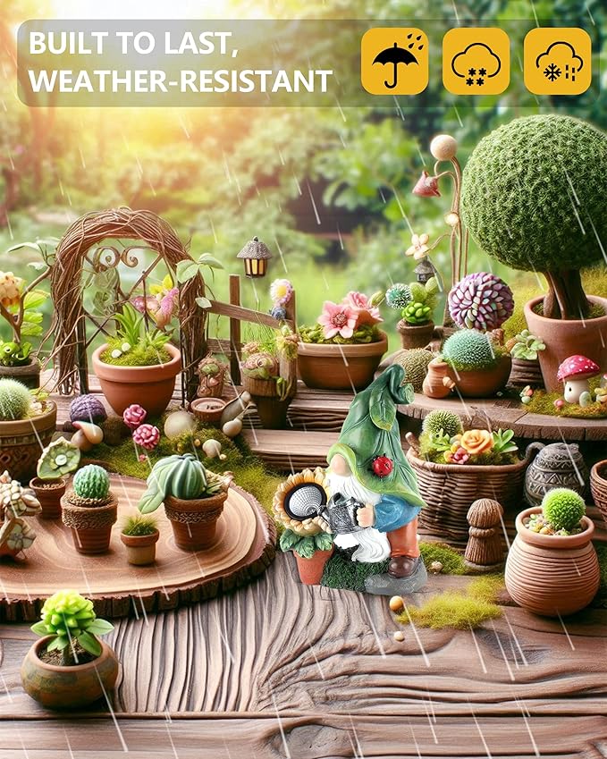 Solar-Powered Large Garden Gnome Watering Can Sunflower - 12 in Garden Decor Gnomes Decorations for Yard Lawn Ornaments Outside Statue Figurine LED Lights (Gnome)