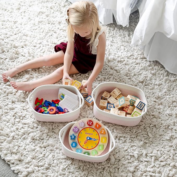 NaturalCozy 5-Piece Rectangle Storage Basket Set- Natural Cotton Rope Woven Baskets for Organizing! Small Basket for Montessori, Baby Nursery, Dog Toy Baskets, Cat Toy Box, Bathroom Organization Bin