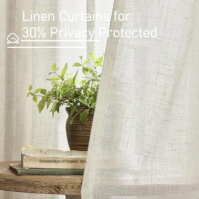LAMIT Sheer Linen Curtains for Living Room 95 inch Long 2 Panels, Light Filtering Natural Curtains Bronze Grommet Linen Textured Neutral Boho Drapes for Bedroom Farmhouse, 52 x 95 Inch