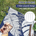 GAOMON Large Outdoor Plastic Rug 10x14 Waterproof Straw Rug Reversible Foldable Camping Mat with Stakes & Bag, Modern Tropical Leaf Farmhouse Outside Carpet for Patio RV Garden Deck, Blue
