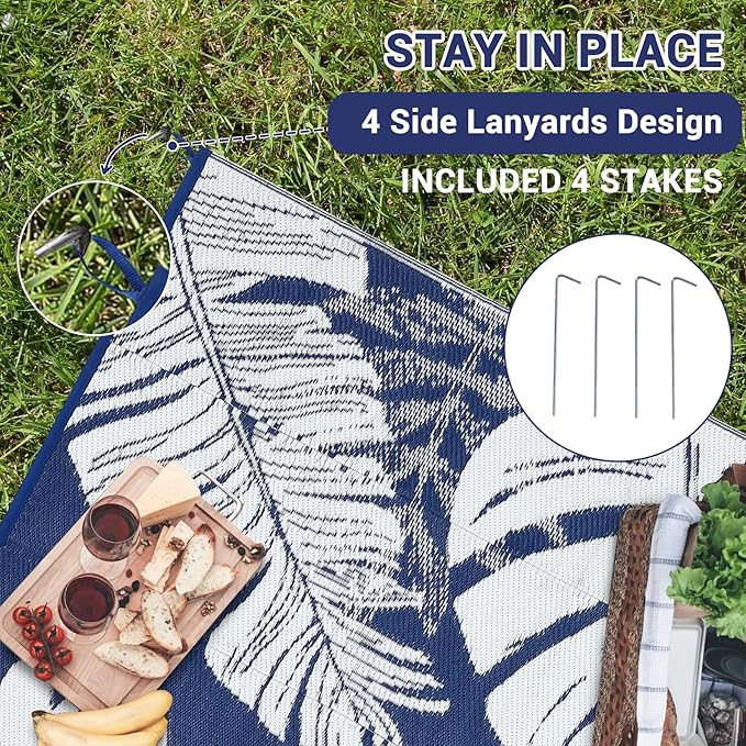 GAOMON Waterproof Plastic Straw Rug 9x12 Outdoor Patio Rugs, Reversible Modern Camping Mat with Bag & Stakes, UV Resistant & Easy to Clean Outdoor Carpet for RV, Deck, Balcony, Blue