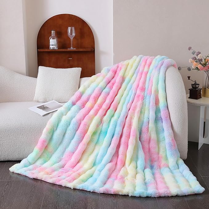 UKELER Colorful Faux Fur Throw Blanket Twin Size, Large Super Soft Fluffy Bed Blankets Throws for Bedroom, Living Room, Couch, Sofa, Office, Camping Plush Furry Blanket 60''x80''