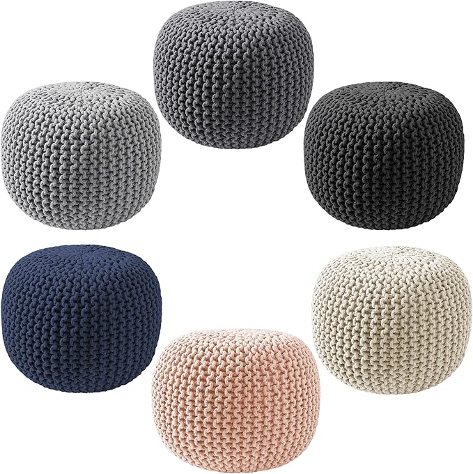 Casafield Round Pouf Ottoman, Light Pink - 20" Diameter x 14.5" High Cotton Knit Foot Stool - Boho Floor Pouffe for Living Room, Bedroom, Home Office