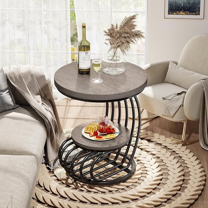 Tribesigns Round End Table: 2 Tiers Wood Side Table with Storage Shelf, Rustic Gray Bedside Nightstand, Metal Arc-Shaped Frame Accent Table for Living Room, Bedroom