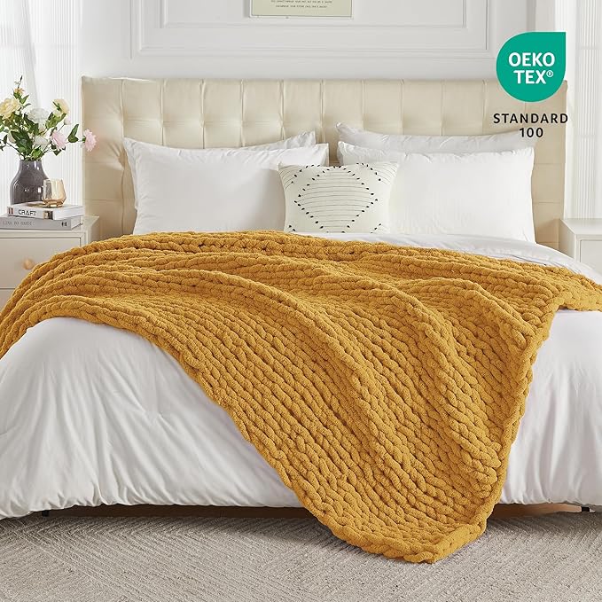 Carriediosa Chunky Knit Throw Blanket 60" X 80" Twin, 100% Hand Made Large Chenille Loop Yarn Soft Fluffy Throws for Couch Sofa Bed, Big Crochet Cozy Heavy Thick Cable Woven Blanket, Yellow