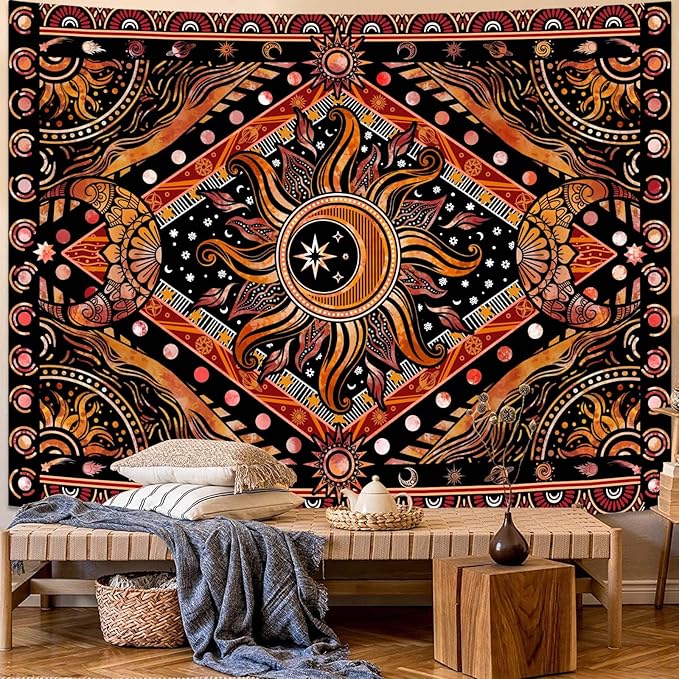 Lunerfex Hippie Sun and Moon Tapestry Bohemian Celestial Tapestry Aesthetic Tapestries for Bedroom and Living Room Decor Sun and Moon 60×80 Inches