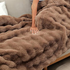 RYNGHIPY Faux Rabbit Fur Throw Blanket Ruched Plush Fuzzy Blanket for Couch Bed Sofa Heavy Warm Comfy Throws for Living Room Bedroom Machine Washable (Solid Brown, 63''x79'')
