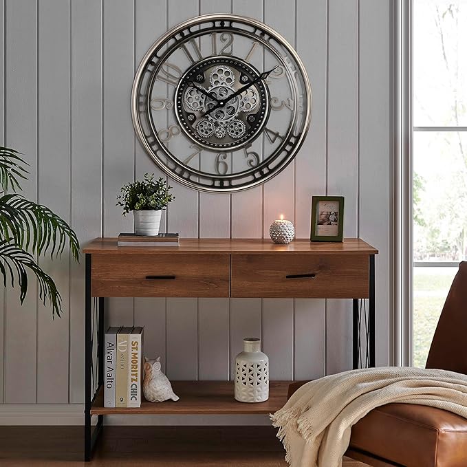 CLXEAST 21 Inch Large Moving Gear Wall Clock,Industrial Steampunk Decor,Decorative Wall Clock for Modern Farmhouse Living Room Decor,Gunmetal Silver Finish