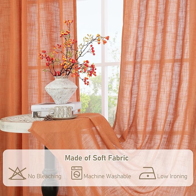 LAMIT Burnt Orange Linen Curtains 45 inches Long for Kitchen, Linen Textured Light Filtering Semi Sheer Bronze Grommet Natural Boho Drapes for Living Room, 2 Panels Set, 34 x 45 Inch