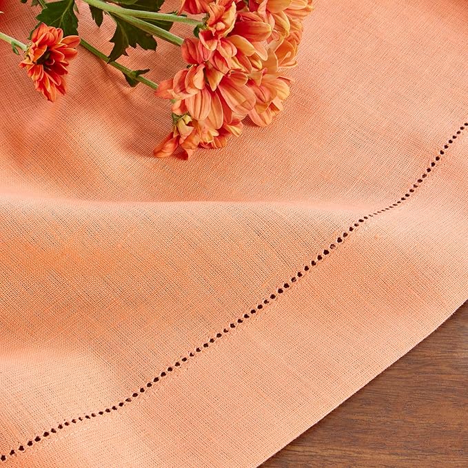 Solino Home Linen Coral Table Runner 132 Inches Long - 100% Pure Linen Extra Long Table Runner 14 x 132 Inch - Classic Hemstitch