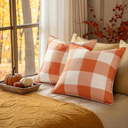 decorUhome Fall Orange and White Decorative Throw Pillow Covers 16x16 Set of 2, Buffalo Plaid Check Farmhouse Cushion Covers with Stitched Edge for Autumn Harvest Couch Sofa Bed Home Decor