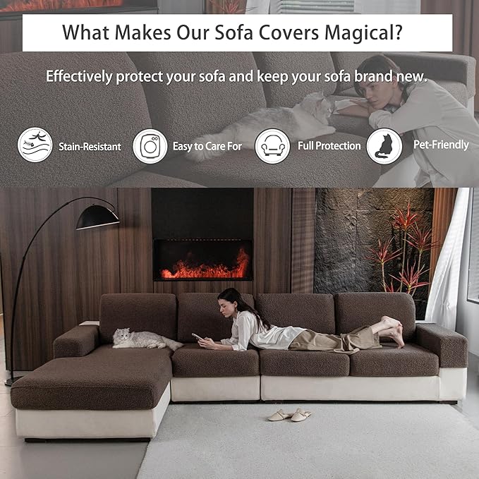 Couch Cushion Covers for Sectional Sofa, Stretch Soft Sofa Slipcovers Washable Wear-Resistant Universal Furniture Protector for Living Room(2 Seaters Covers+1 Chaise Cover, Brown)
