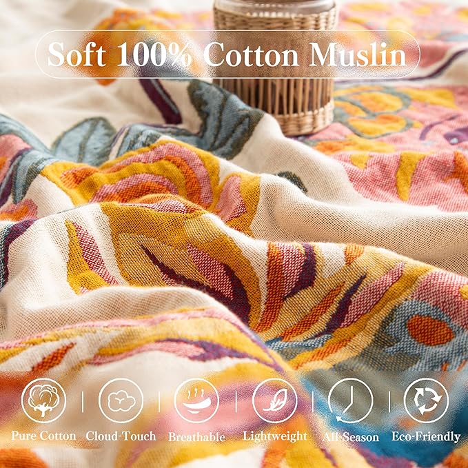 Boho Throw Blanket Queen Size, Oversized Soft Cozy Cotton Muslin Quilt Blanket for Bed Decor, Floral Patterned Couch Sofa Chair Cover, Vintage Farmhouse Cottage Woven Blanket, Yellow&Blue