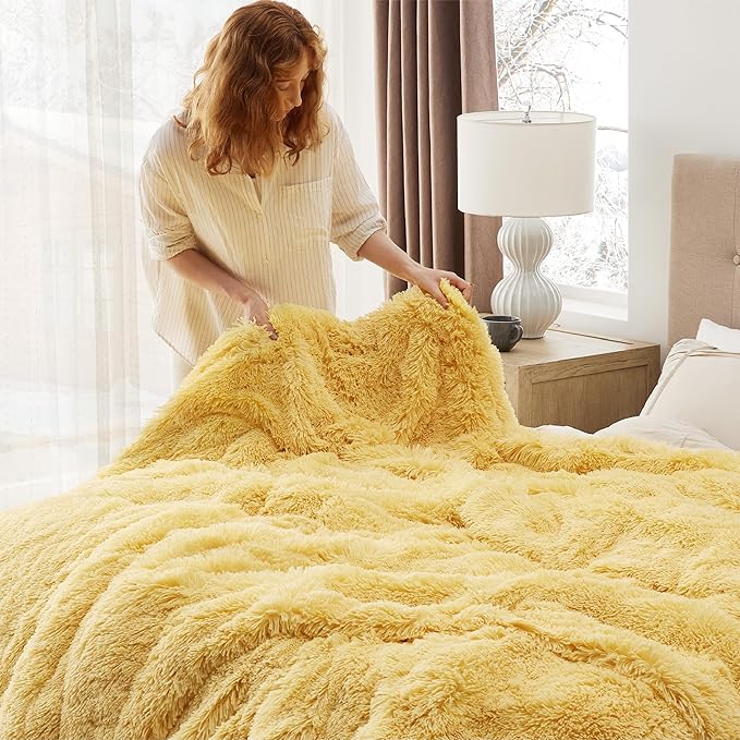 Bedsure GentleSoft Fluffy Yellow King Size Blanket for Bed, Thick Soft Sherpa Faux Fur Fleece Bedding Fuzzy Plush Winter Warm Heavy Big Large King Blanket, Cozy Yellow Gifts for Men Women, 108x90