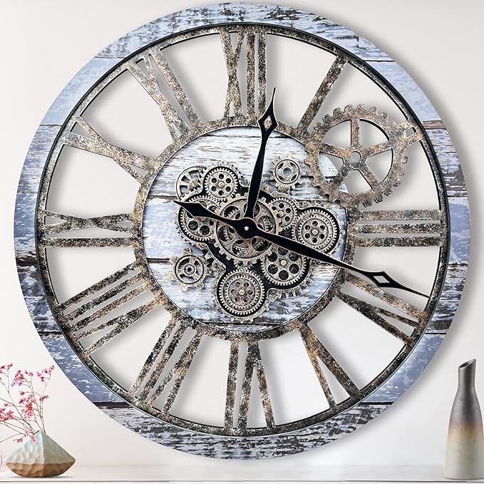 The B-Style Large Wall Clock 24 inch Moving Gear Wall Clock Oversized Vintage Farmhouse Wall Clocks for Living Room Decor Rustic Industrial Wood Clock (Aqua Green, 36 inch/90cm)