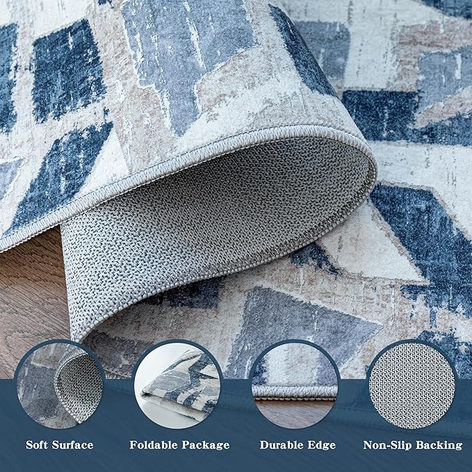 Modern Abstract Door Mat Indoor Entrance 2X3 Blue Rug Washable, Non-Slip Small Rugs for Entryway Bathroom Ultra-Thin, Throw Carpet for Kitchen Bedroom Nursery Kids Print Faux Wool