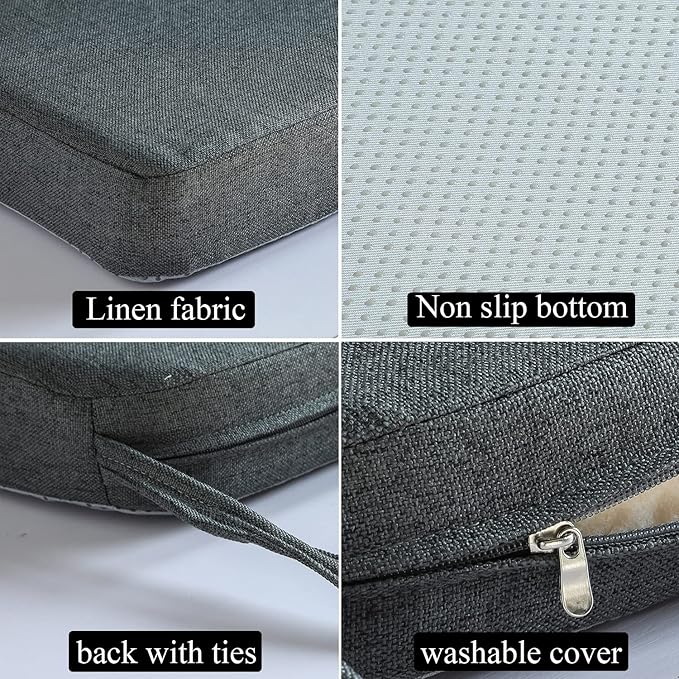 Chair Cushion for Dining Chairs with Ties 4 Pack Non Slip Memory Foam Kitchen Room Chair Pads for Outdoor Patio Furniture 17x16 Inch, Gray