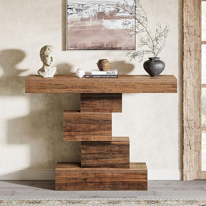 Tribesigns 42.5" Farmhouse Console Table, Narrow Wood Sofa Table Behind Couch with Geometric Base, Industrial Entryway Accent Table for Living Room, Hallway, Entrance (Rustic Brown)