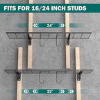 EVERHANGER Garage Wall Shelves, 12 X 48 Inch Wall Mounted Storage Shelves, Heavy Duty Metal Shelving with Hooks, 2 Pack, Black