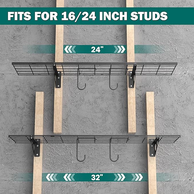 EVERHANGER Garage Wall Shelves, 12 X 48 Inch Wall Mounted Storage Shelves, Heavy Duty Metal Shelving with Hooks, 2 Pack, Black