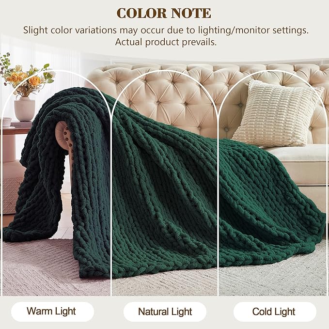 Carriediosa Chunky Knit Throw Blanket 50" X 60", 100% Hand Made Large Chenille Loop Yarn Soft Fluffy Throws for Couch Sofa Bed, Big Crochet Cozy Heavy Thick Cable Woven Blankets, Dark Green