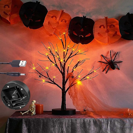 LITBLOOM Lighted Spooky Halloween Tree with Timer Battery Operated or USB Plug in, Pre-lit Black Glittered Tabletop Tree with Orange Lights 24L 18IN for Halloween Home Party Decoration Indoor