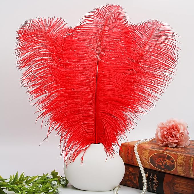 THARAHT Red Ostrich Feathers 12pcs Large Natural Bulk 14-16Inch 35cm-40cm for Wedding Party Centerpieces Halloween and Home Decoration Feathers