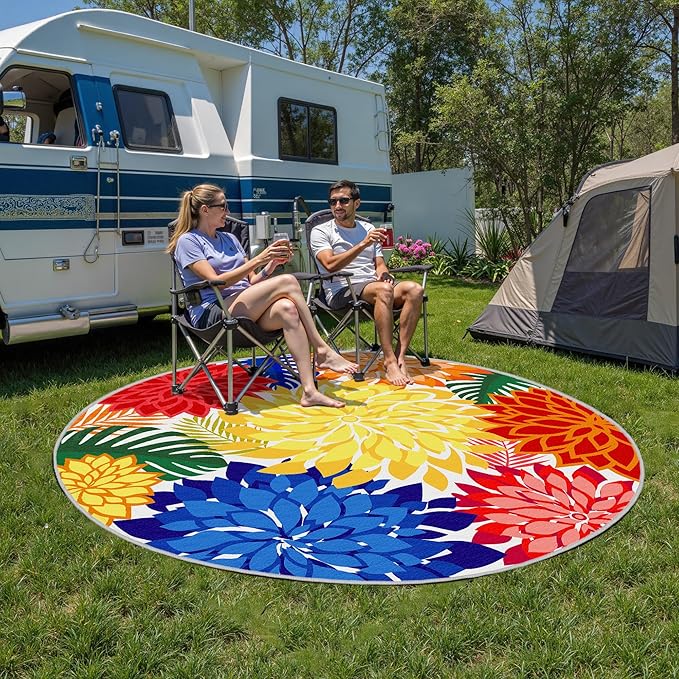 Indoor Outdoor 6FT Round Area Rug Washable Rugs Multicolored Patio Rug Tropical Botanical Modern Floral Indoor Outdoor Round Carpet Non Slip for RV, Pool Deck, Backyard, Porch