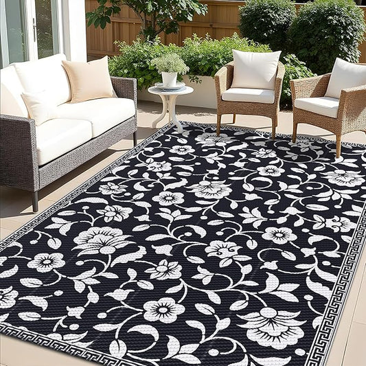 OLANLY Waterproof Outdoor Rug 5x8 ft, Outdoor Plastic Straw Rug with Flower Pattern, Reversible RV Mat for Patio, Camping, Balcony, Deck, Backyard, Black & White