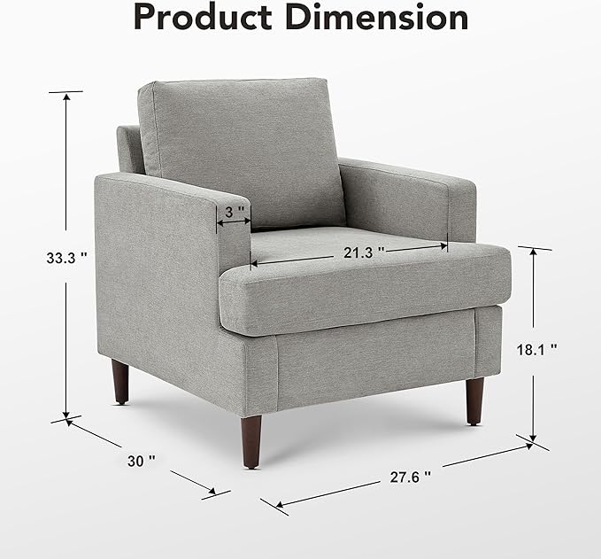 Mid-Century Accent Chair,Modern Linen Fabric Armchair for Living Room,Comfy Upholstered Reading Accent Chairs for Bedroom,Single Sofa Chair with Wood Legs (Light Grey, 1 Pack)