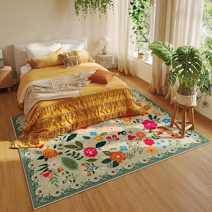 Area Rugs 8x10 Rug for Living Room Clearance Washable Boho Area Rug Non Slip Floral Vintage Low Pile Large Rug for Living Room, Bedroom, Farmhouse, Dining Room, Kids Playroom(Green)