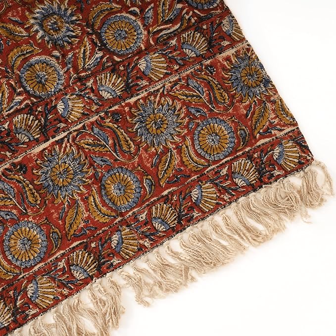Handmade Cotton Throw Blanket | Floral Block Print in Orange & Navy | 48x70 Inches Fringed Bed Runner | Lightweight Boho Sofa Throw for Couch, Living Room & Bedroom Decor