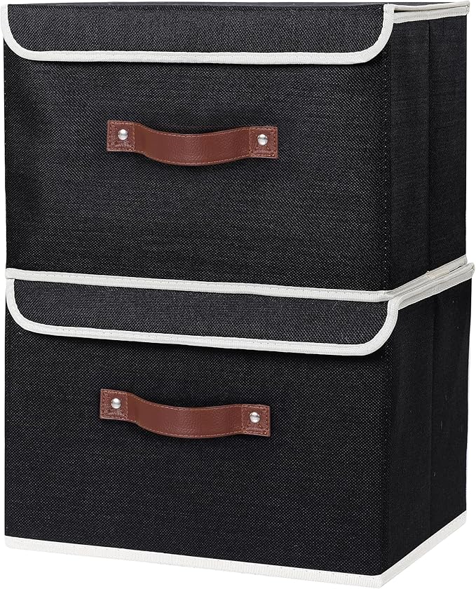 ANMINY 4PCS Storage Bins with Lid PU Leather Handles Storage Boxes PP Plastic Board Decorative Foldable Lidded Cotton Linen Fabric Home Cubes Baskets Closet Organizer Containers - Black, Large Size