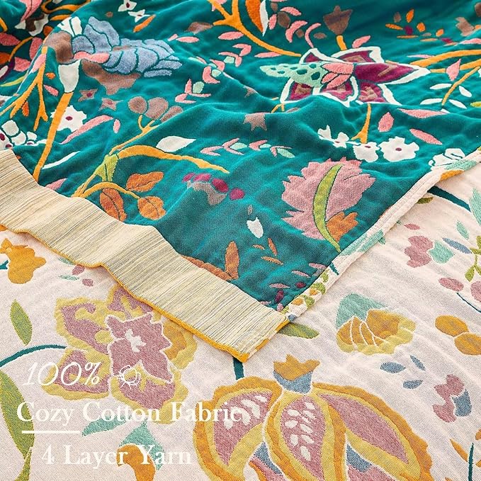 Boho Throw Blanket for Bed, 100% Cotton Soft Rustic Quilt Fall Blanket, 80" 90" Floral Printed Farmhouse Decor Bed Blankets, All Season Rustic Reversible Bohemian Throw Quilt
