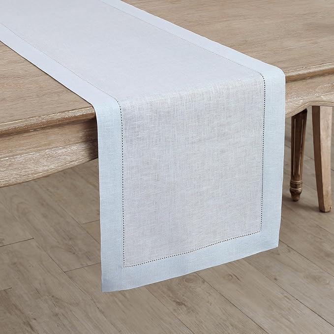 Solino Home Linen Light Blue Table Runner 90 Inches Long - 100% Pure Linen Hemstitch 14 x 90 Inch Table Runner for Dining - Classic Hemstitch