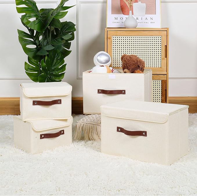 ANMINY Storage Bin with Lid Storage Boxes with PU Leather Handles PP Plastic Board Decorative Foldable Lidded Cotton Linen Fabric Home Cubes Baskets Closet Organizer Container - Beige, Large Size