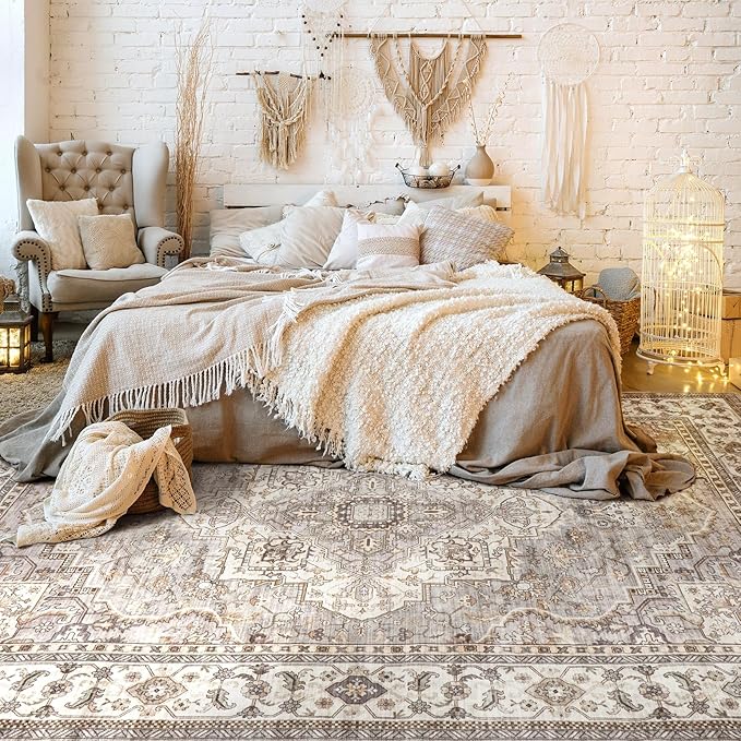 Washable Area Rugs for Living Room - 8x10 Neutral Vintage Distressed Floral Farmhouse Boho Large Soft Floor Rug Indoor Non Slip Carpet for Bedroom Dining Room Office - Grey Brown