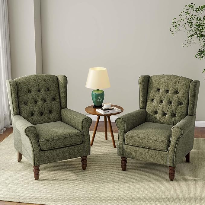Accent Chair, Upholstered Armchair with Button Tufted High Back & Solid Wood Legs, Comfy Wingback Reading Single Sofa Chair for Small Spaces, Living Room, Bedroom (Green, Set of 1)