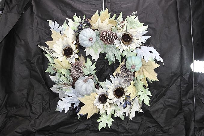 Admired By Nature 24 Inch Artificial Pumpkin Sunflower Fall Wreath Wall Door Farmhouse Decor For Home Office Thanksgiving Harvest Wreaths For Front Door Cemetery Wreaths Indoor Outdoor, Rustic White