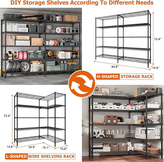 REIBII 1600LBS Storage Shelves Metal Shelving 5 Tier Wire Shelving Unit, 69.8" W Pantry Shelves Kitchen Shelves Adjustable Wire Shelf for Garage Storage Shelves, 69.8" Wx15.8 Dx72.4 H, Black